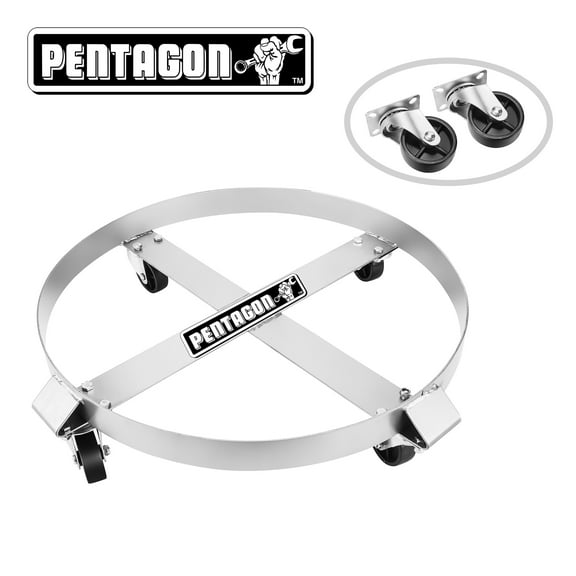 PENTAGON TOOLS 55-Gallon Drum and Garbage Can Dolly – Heavy-Duty Metal Dolly  with Cross Braces and Caster Wheels – 1,000-Pound Capacity (Silver)