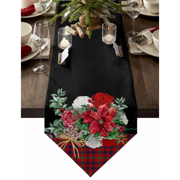 Table Runner Dresser Scarves Christmas Poinsettia Flower on Black Cotton Linen Burlap Table Cover Red Green Blue Tartan Lattice Table Runners for Family Kitchen Dining Holiday Party Banquet Decor