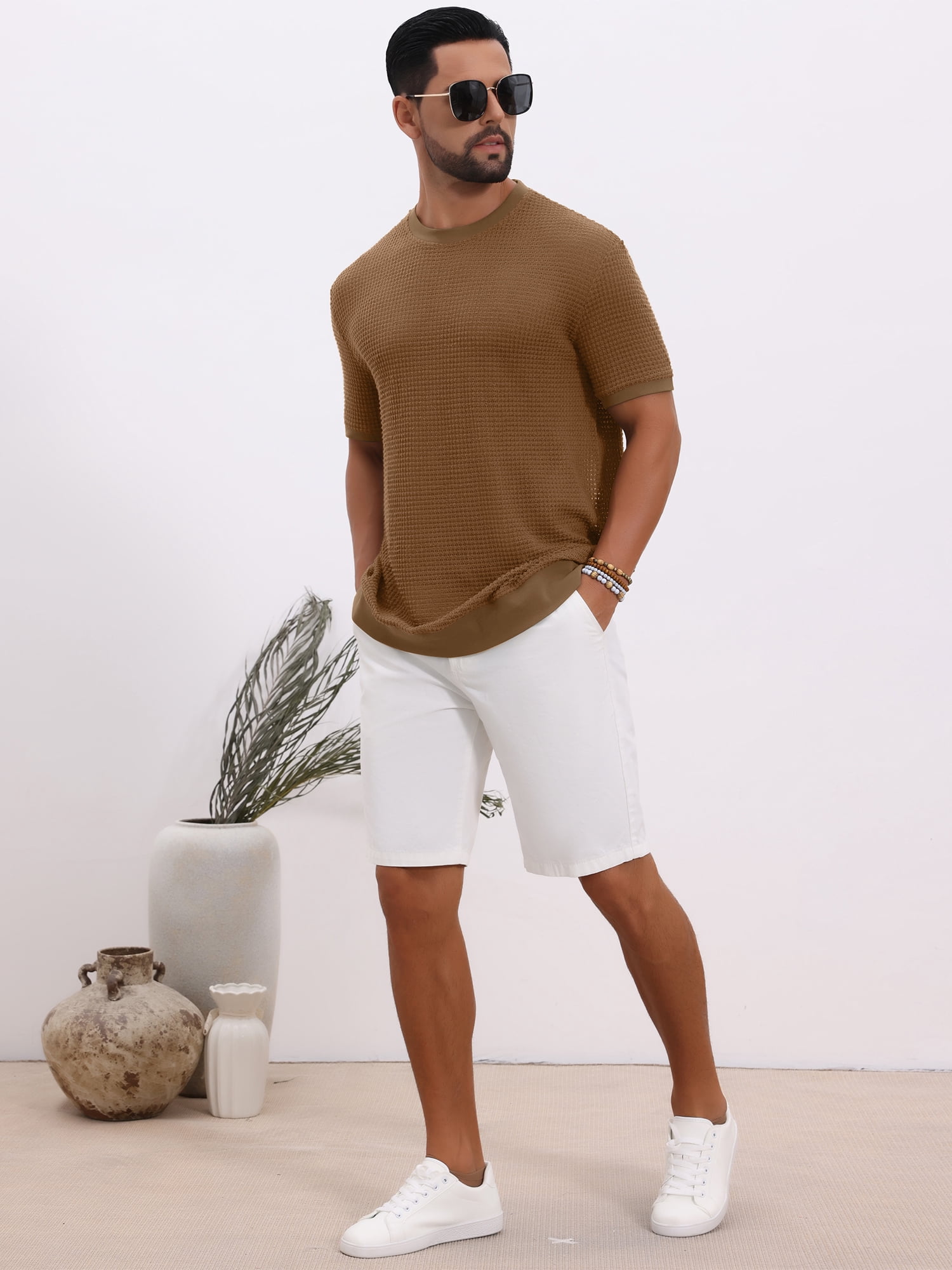 DARING DIVA Men's Waffle Short Sleeve Crew Neck Solid Knitted T-Shirt S Brown