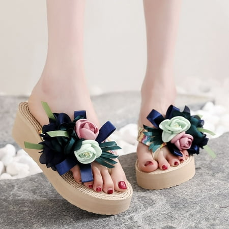 

YTJX Women Weave Beach Breathable Sandals Home Slipper Flower Flip-Flops Wedges Shoes