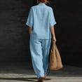thumbnail image 4 of Domzest Linen Sets for Women V Neck Short Sleeve Shirt Matching Wide Leg Pants Summer Lounge Set Vacation Outfits Pocket Light Blue S, 4 of 6