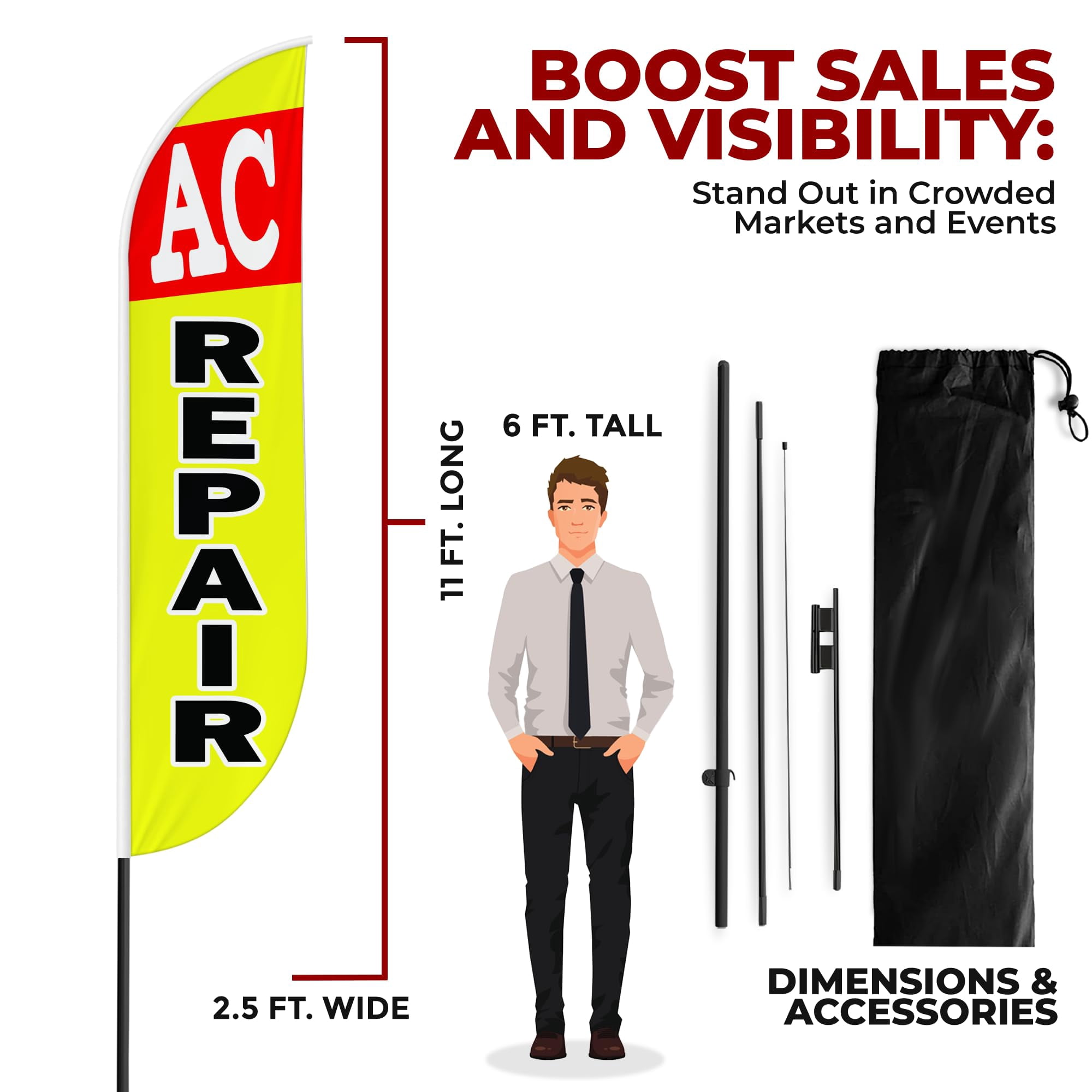 AC Repair Sign feather flag Pole kit for Outdoor by Mavis Printing | 15 FEET Long Polyester Outdoor Banner Flag Pole Mount Easy Hang | HD Print Swooper Flags to Advertise Car Business