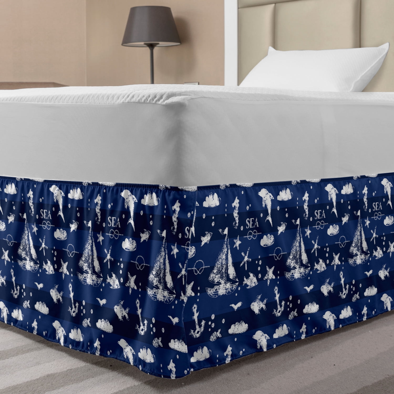 Navy Blue Bed Skirt, Sailboat Vertical Stripe Pattern ...