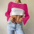 thumbnail image 2 of BiZtdJrK Women Hollow Out Knitted Sweater Cropped Flare Long Sleeve See Through Crochet Bolero Shrugs Fashion Street Y2k Tops Hot Pink L, 2 of 6