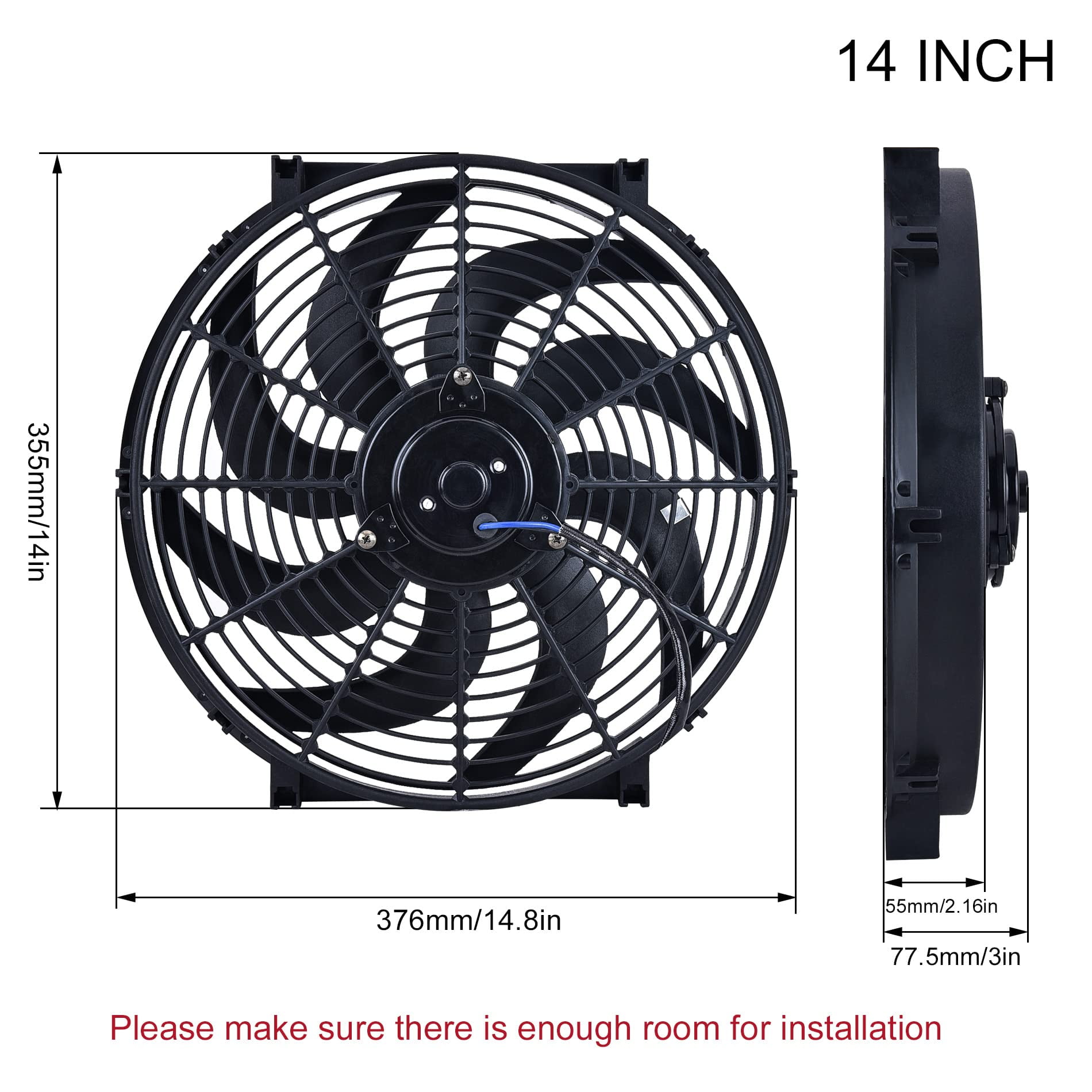 SPEEDWOW 14 Inch Radiator Cooling Fans, High Performance 12V 160W Cooling Fan Universal Slim Pull Push Electric Fan Mount Kit - Black