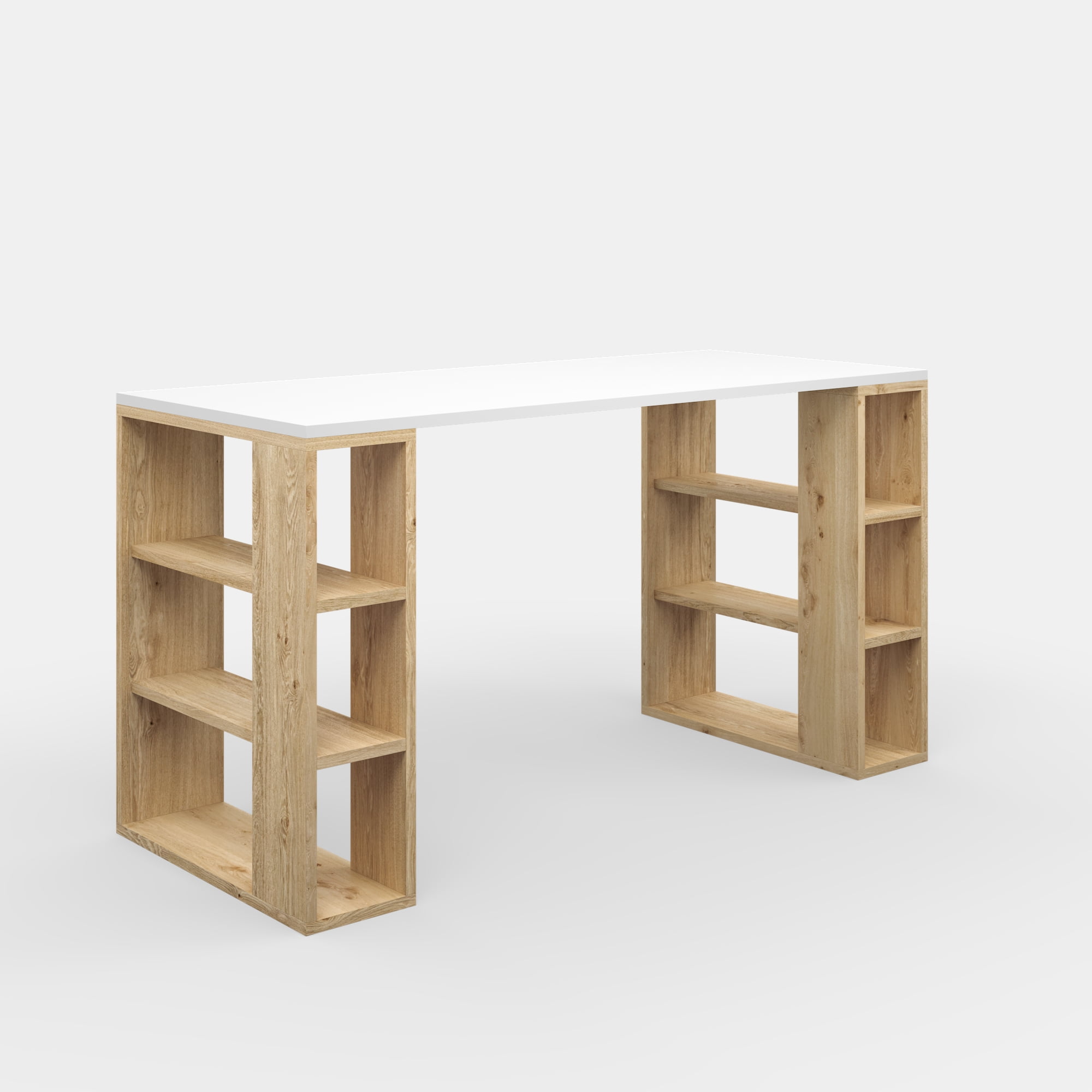 Ada Home Decor Minimalist Home Office Computer Desk Workstation with 3 Shelves Bookcase, White/Oak