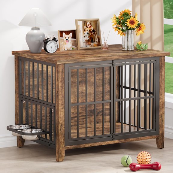 Dog Crate Furniture, 31.5" Wooden Dog Kennel Indoor with 360° Rotating & Adjustable Height Feeder 2 Bowls, Heavy Duty Side End Table Dog Cage for Medium Small Dogs, Rustic Brown