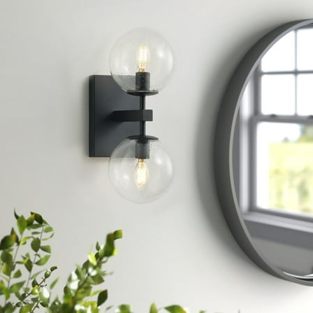 Industrial 2-Light Wall Sconce, Globe Bathroom Vanity Light, Antique Clear Glass Sphere Wall Light Fixture