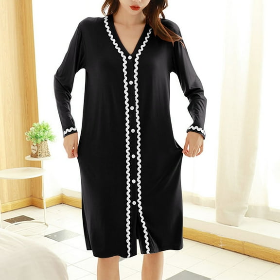 ylioge Womens Modal Robes Long Sleeve Button-Down V Neck Nightgowns Ladies Casual Color Block Loose Comfort Mid Length Loungewear Bath Robe Pajamas