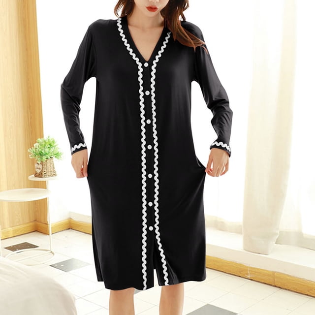 Clearance & Promo,Womens Cardigan Robe, Solid Color, Large Size, Home Comfort, Medium Long, Bathrobe, Outerwear, Easy Wear Classy and Comfortable|20%Modal,40% Cotton,40% Polyester,Black