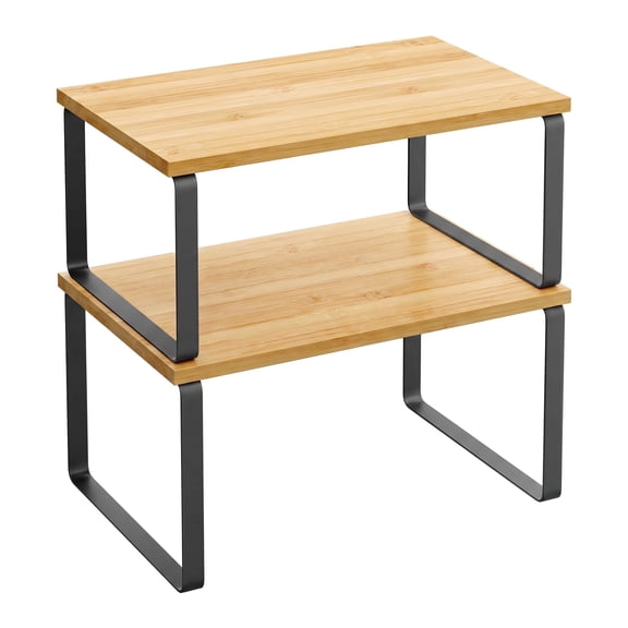 Set of 2 Stackable Kitchen Counter Shelves, Expandable Spice Rack, Metal & Engineered Wood, Black/Beige