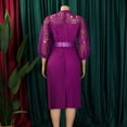 thumbnail image 5 of AURA Womens Elegant Lace Hollow Out Pleated Midi Dress High Waist Belted 3 4 Lantern Sleeve, 5 of 10