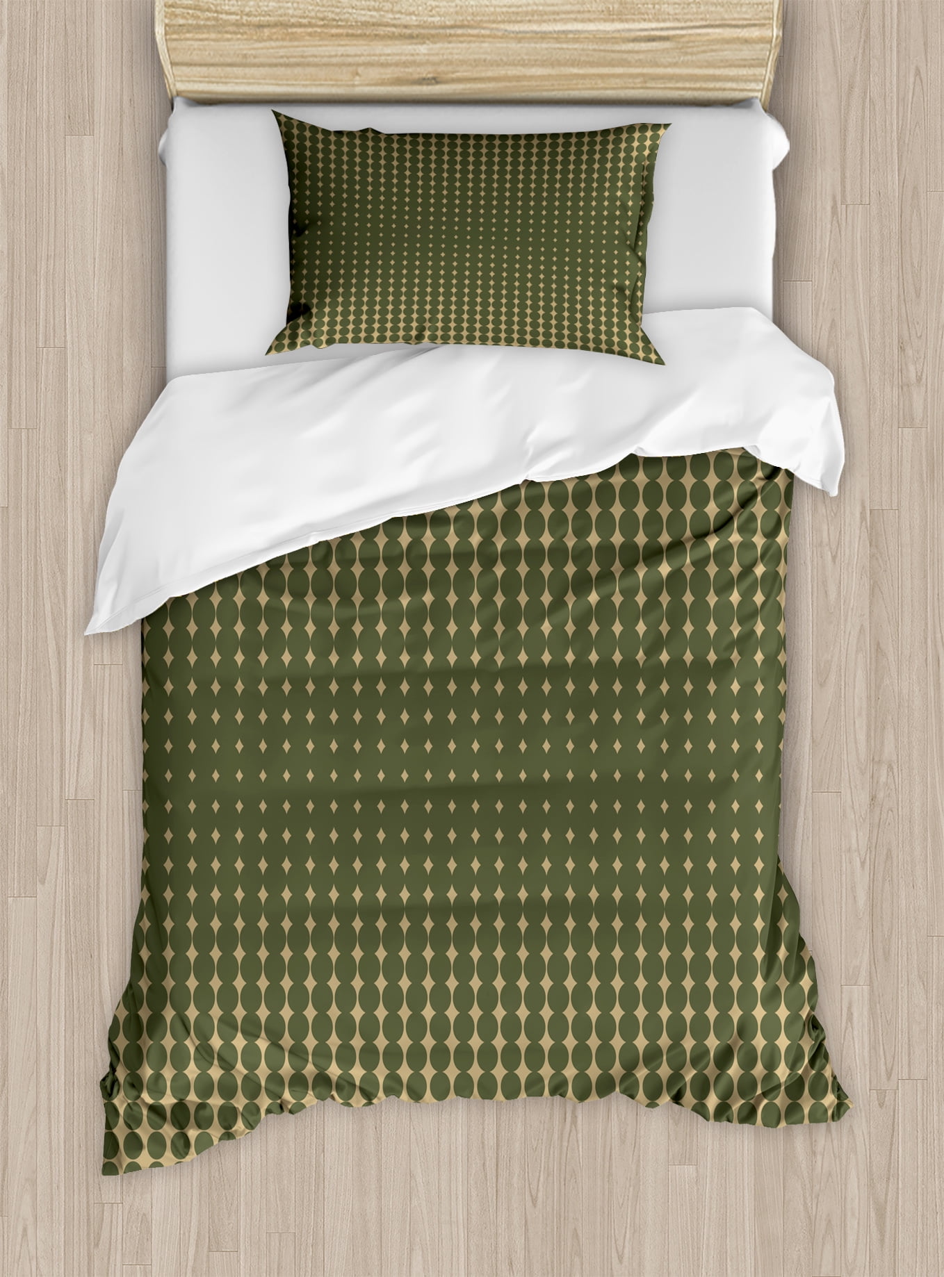 Olive Green Duvet Cover Set, Abstract Dotted Halftone Design Vintage