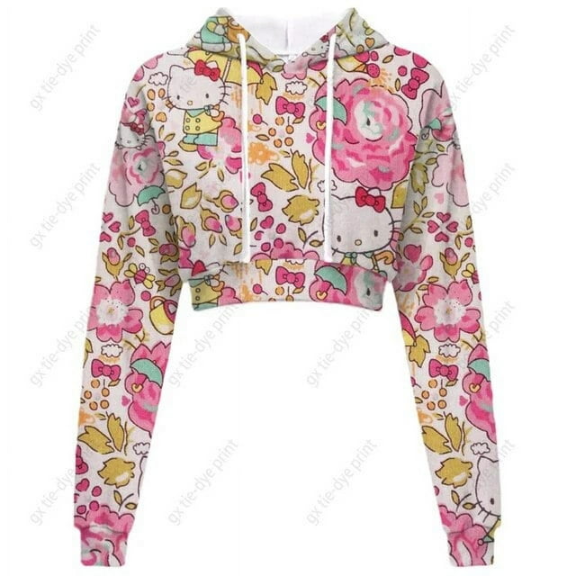 Chandail à Capuchon Imprimé Hello Kitty pour Femmes, Hauts Courts Kawaii Imprimés Harajuku, Sweat Court à Col Rond pour Femmes Harajuku