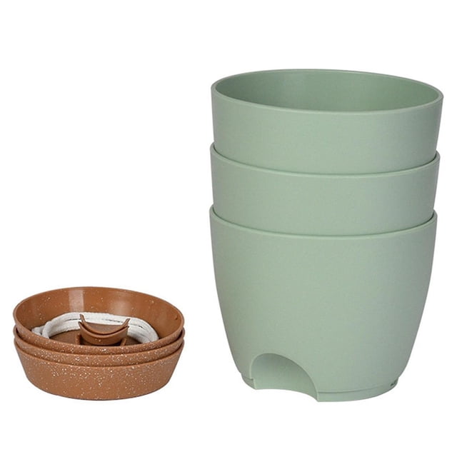 3pack 6.5inch Self Watering Pots For Indoor Plants,flower Pots Planter With Drainage Holes And Wick Rope,green