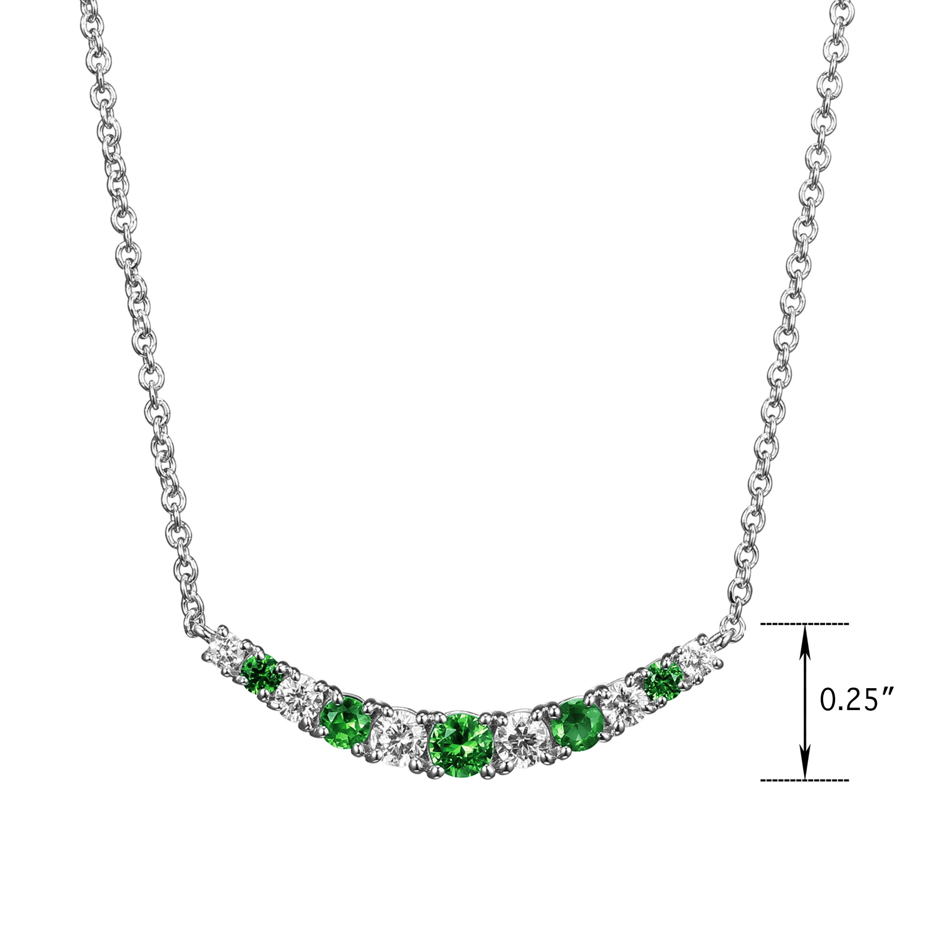 Forever Facets Jewelry Platinum Over Sterling Silver Created Emerald and 1/5th Carat Total Weight Lab Grown Diamond Curved Bar Necklace, 18 Inch Cable Chain + 2 Inch Extender (H-I Color, I1 Clarity)