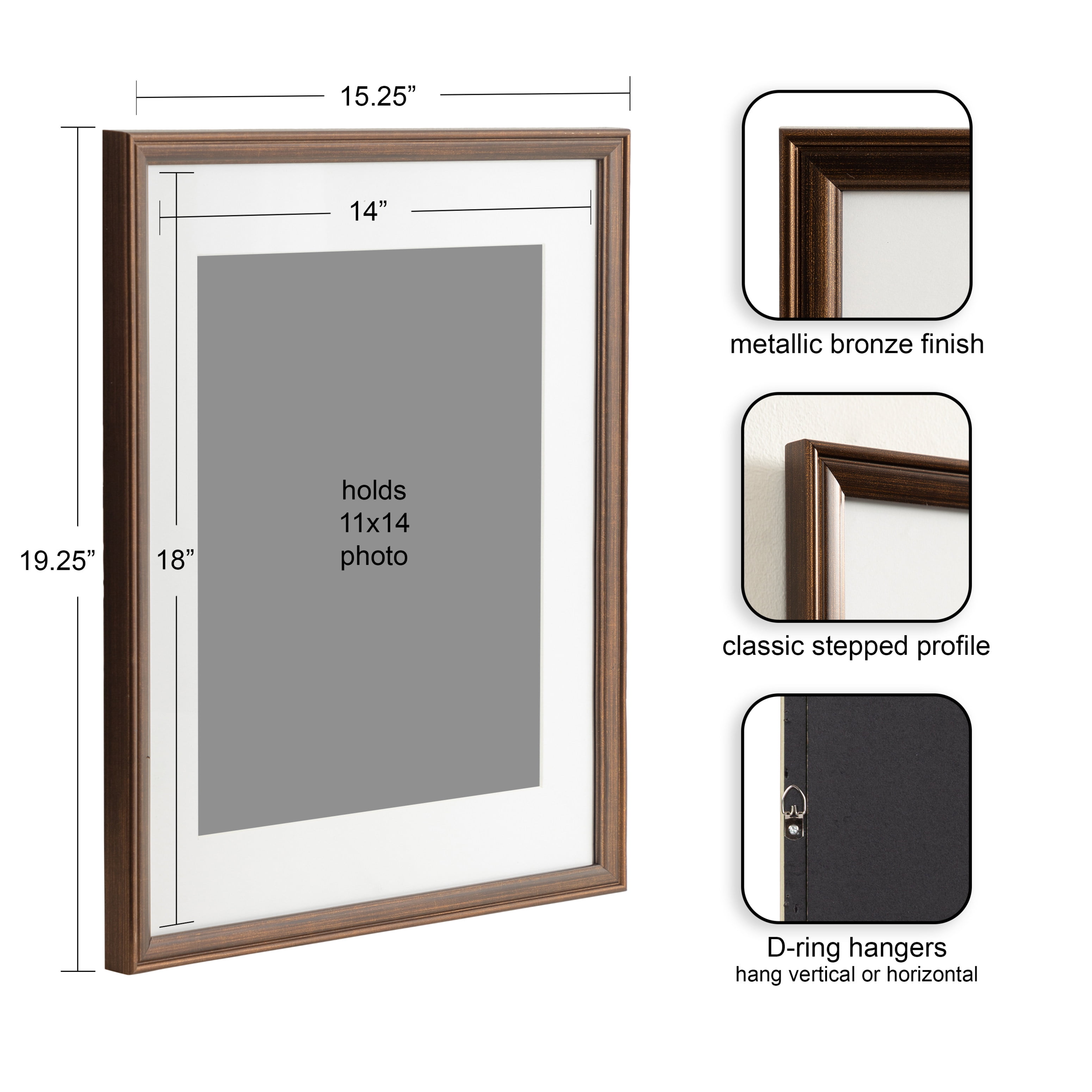 Kate and Laurel Adlynn Rectangle Picture Frame Set of 3, 14 x 18 matted to 11 x 14, Bronze, Vintage Three-Piece Frame Set for Gallery Wall Frame Set in Living Room Wall Decor