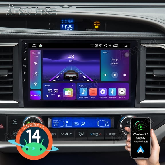 2 64GB Android 14 Car Radio Stereo for Toyota Highlander 2014-2019, 10.1" Wireless CarPlay Android Auto GPS Navi WiFi Bluetooth SWC DSP FM RDS Backup Camera