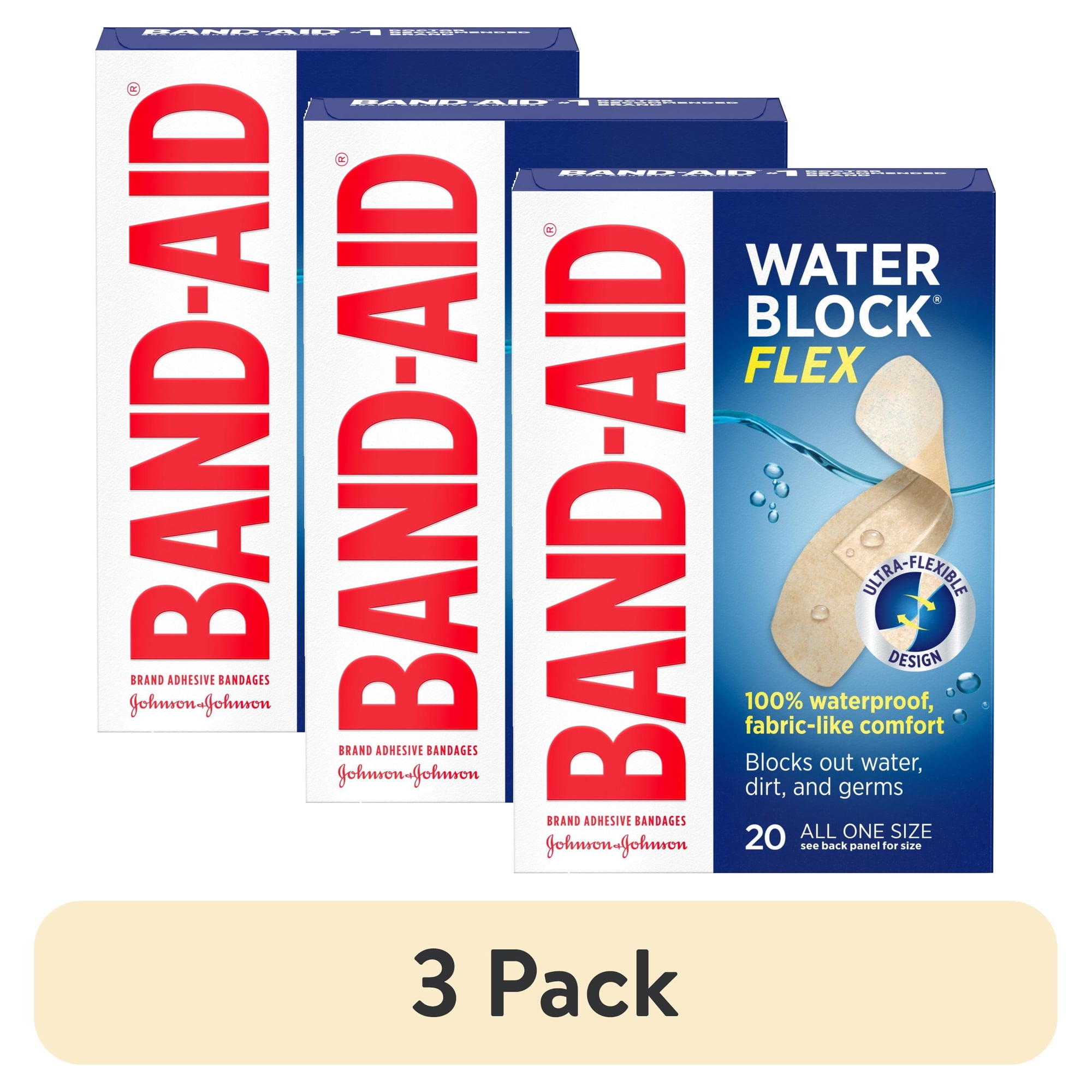 (3 pack) BAND-AID Brand Water Block Flex Adhesive Bandages, All One Size, 20 Count