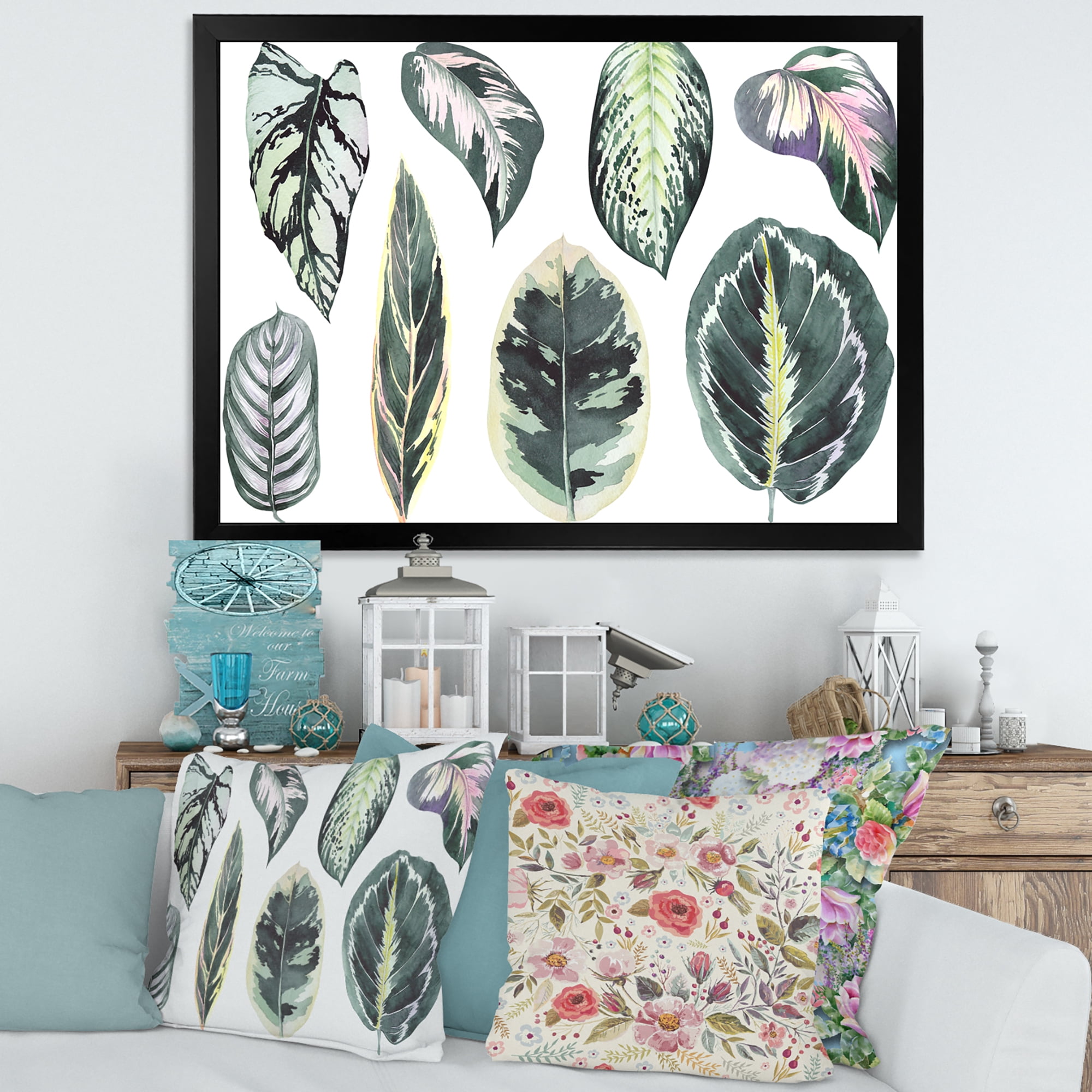 Designart 'Tropical Calathea Leaves On White' Bohemian & Eclectic Framed Art Print