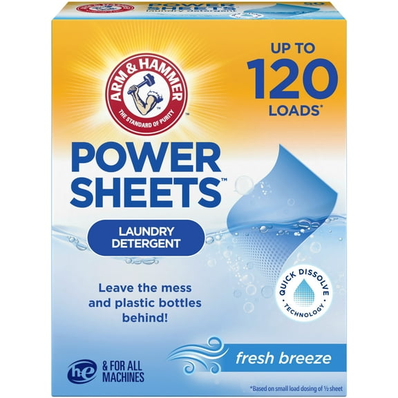 ARM & HAMMER Power Sheets Laundry Detergent, Fresh Breeze, 60 Count, Up to 120 Small Loads