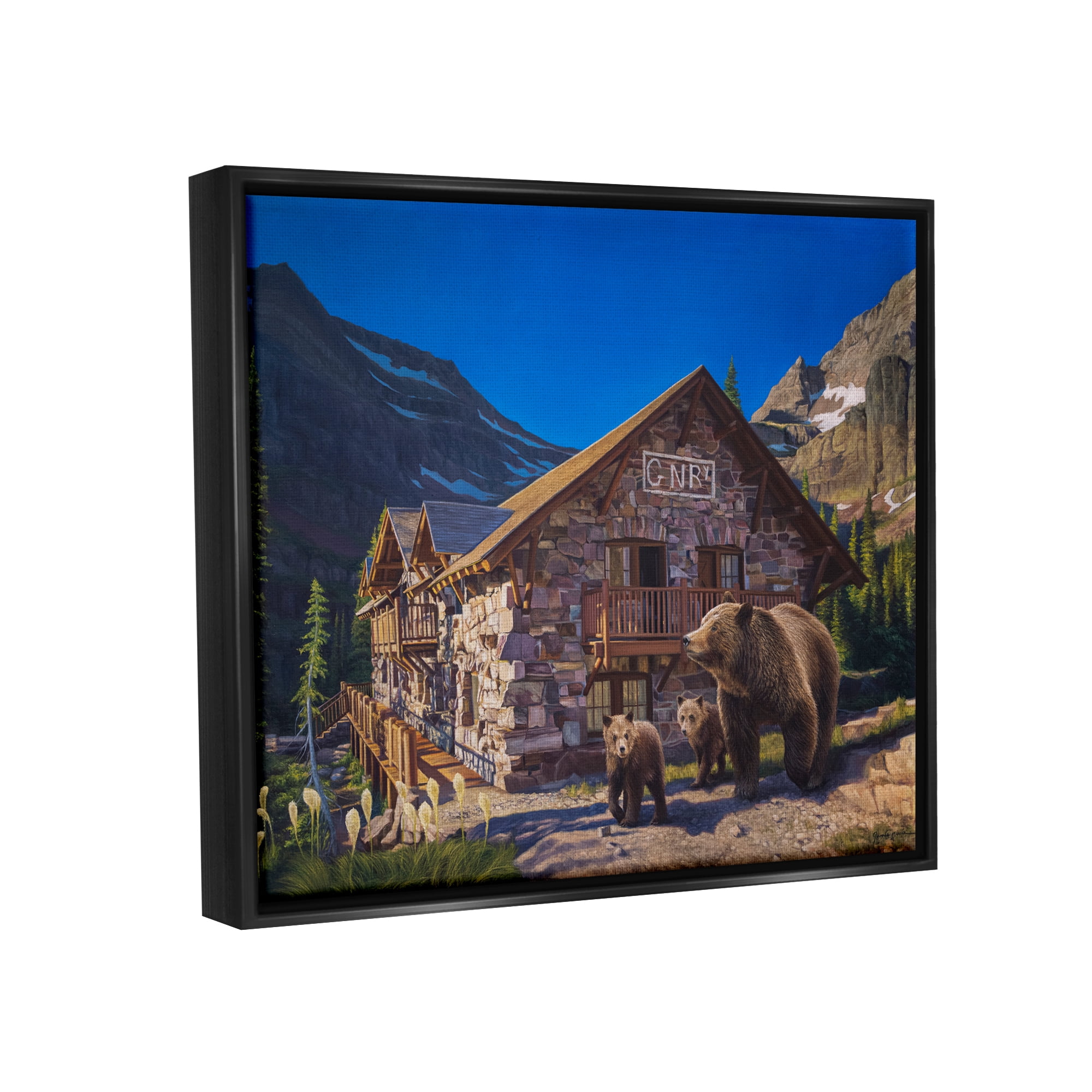 Stupell Industries Bears & Lodge Scenery Landscape Painting Black Floater Framed Canvas Art Print Wall Art, 31 x 25