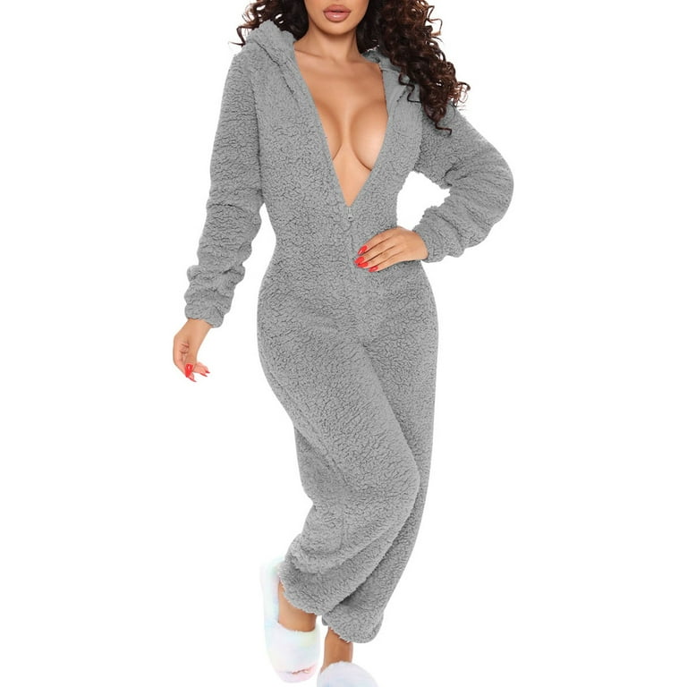 Women Winter Thermal Fleece Jumpsuit Long Sleeve Zip Up Hooded Bodysuit 