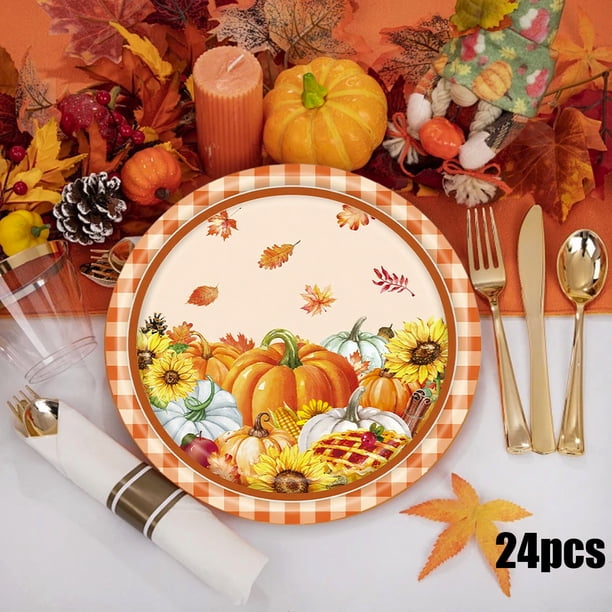 24 Platos de Papel con Diseño de Calabaza Otoñal | Platos Desechables de Otoño de 18 a 23 Cm | Artículos para Fiesta de Acción de Gracias con Diseño de Hoja de Arce | Vajilla Desechable para Decoraci