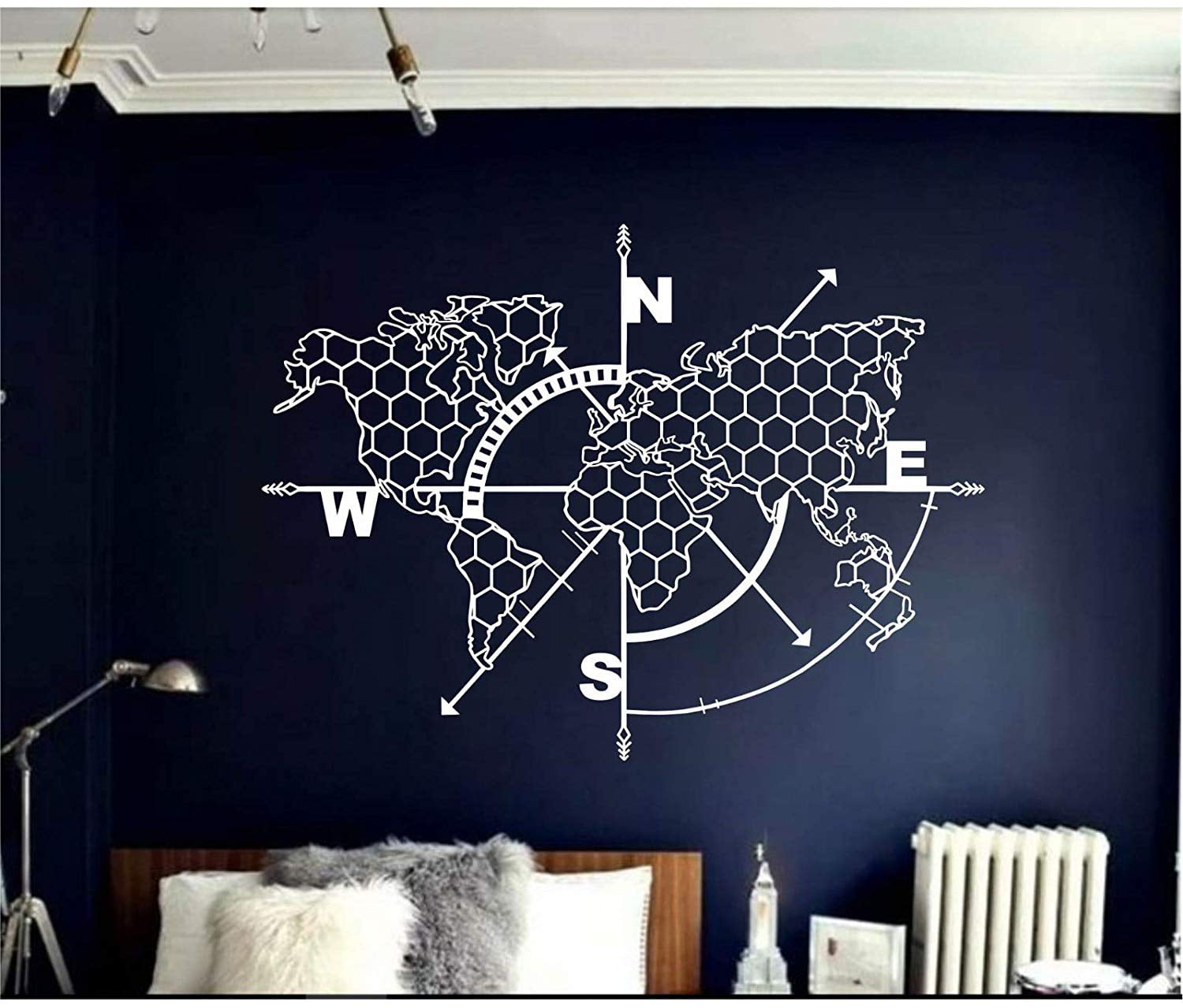 LaModaHome Metal World Map Wall Art - Compass Honeycomb Themed Metal Wall  Art - 3D Wall Silhouette Metal Wall Decor Home Office Decoration Bedroom 