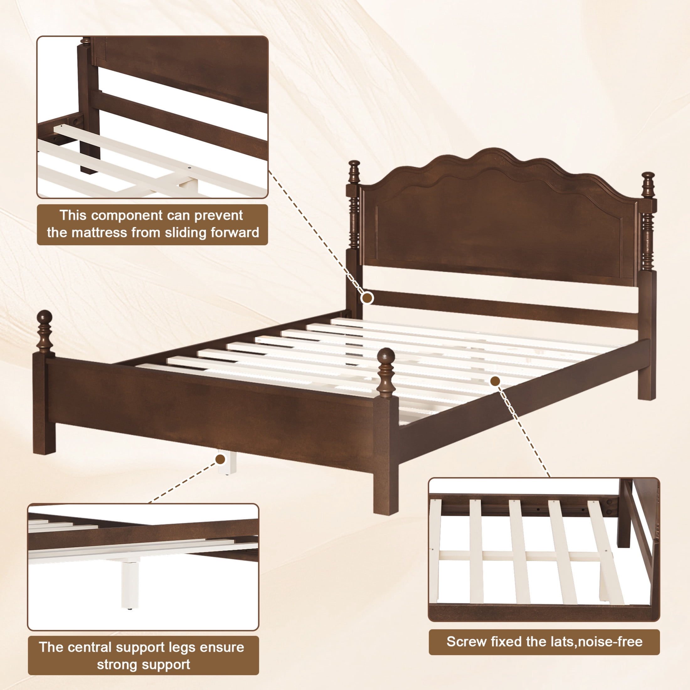 Noble House Queen Size Wood Platform Bed with Curved Headboard, Spindle Posts, Espresso