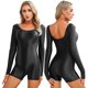 thumbnail image 3 of Traje de baño brillante para mujer, peleles de Color sólido, elástico, cuello redondo, Mono corto ajustado, Yoga, culturismo, gimnasio y Fitness, 3 of 5