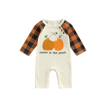 

Ma&Baby Infant Baby Boys Girls Halloween Romper Plaid Long Sleeves Cartoon Pumpkin Letter Print Jumpsuit