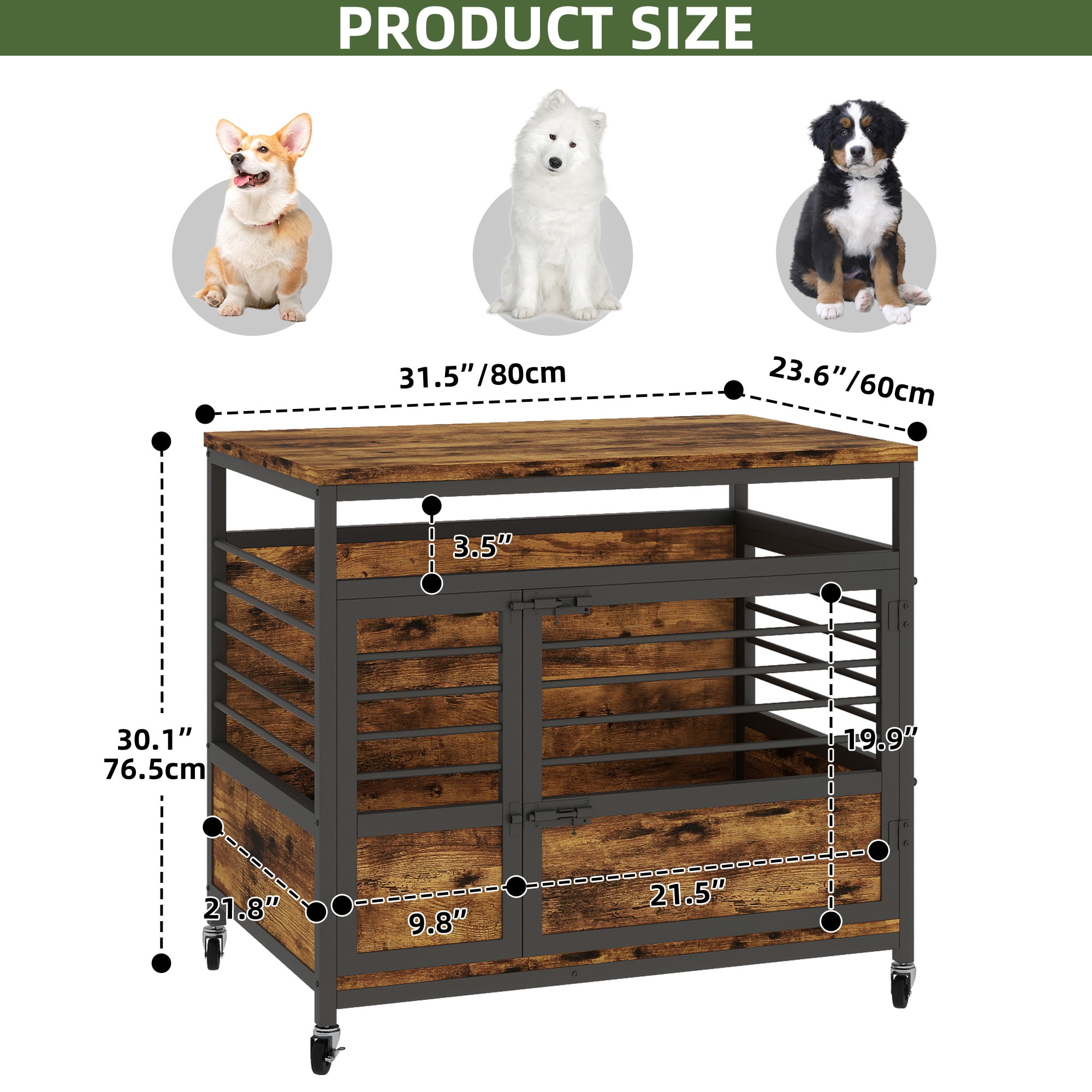 Uforic 32 Inch Dog Crate Furniture with Wheels,Wooden Dog Kennel for Dogs - Rustic Brown