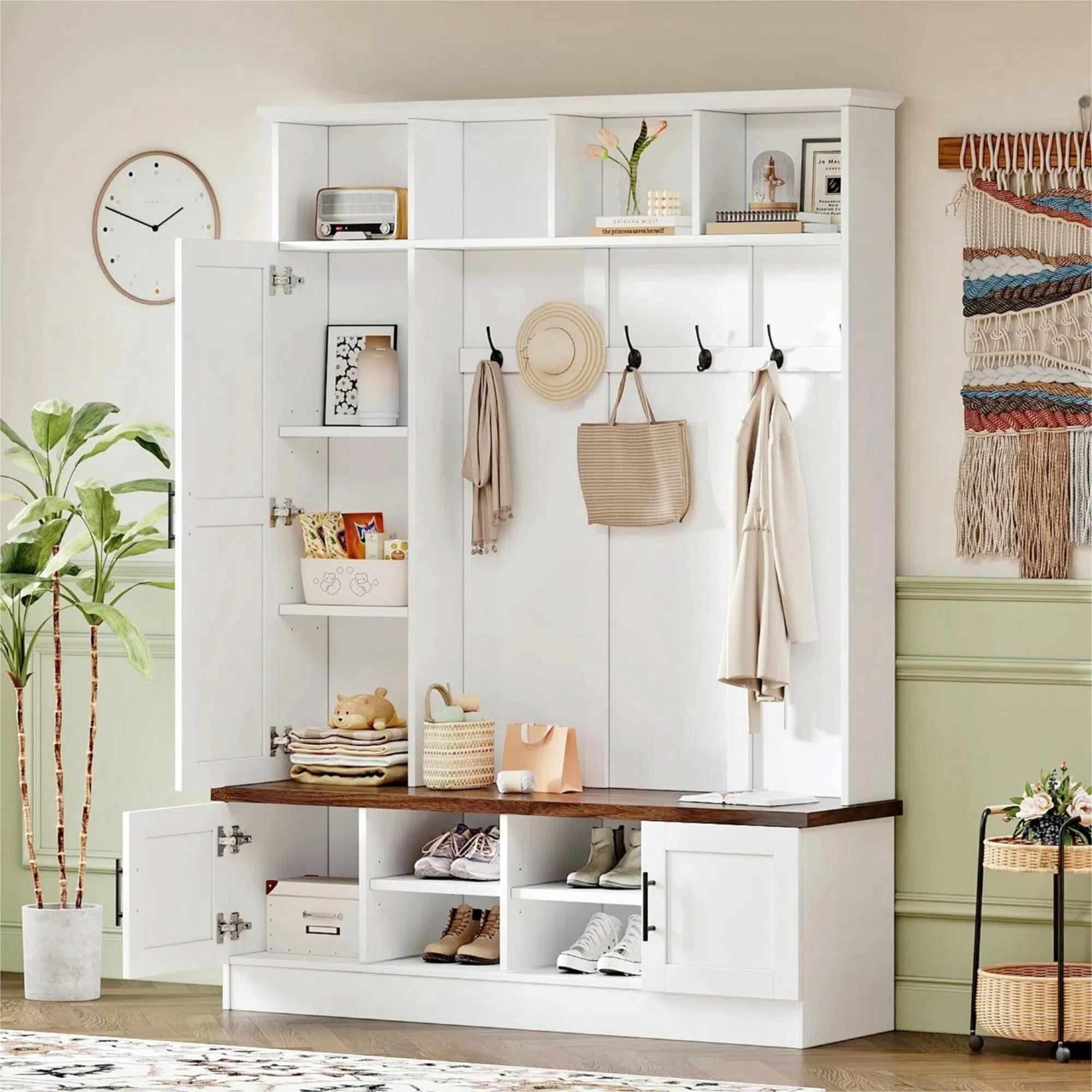 Euroco Modern Farmhouse Walnut Hall Tree with Storage, Adjustable Shelves, and Seating Bench，white