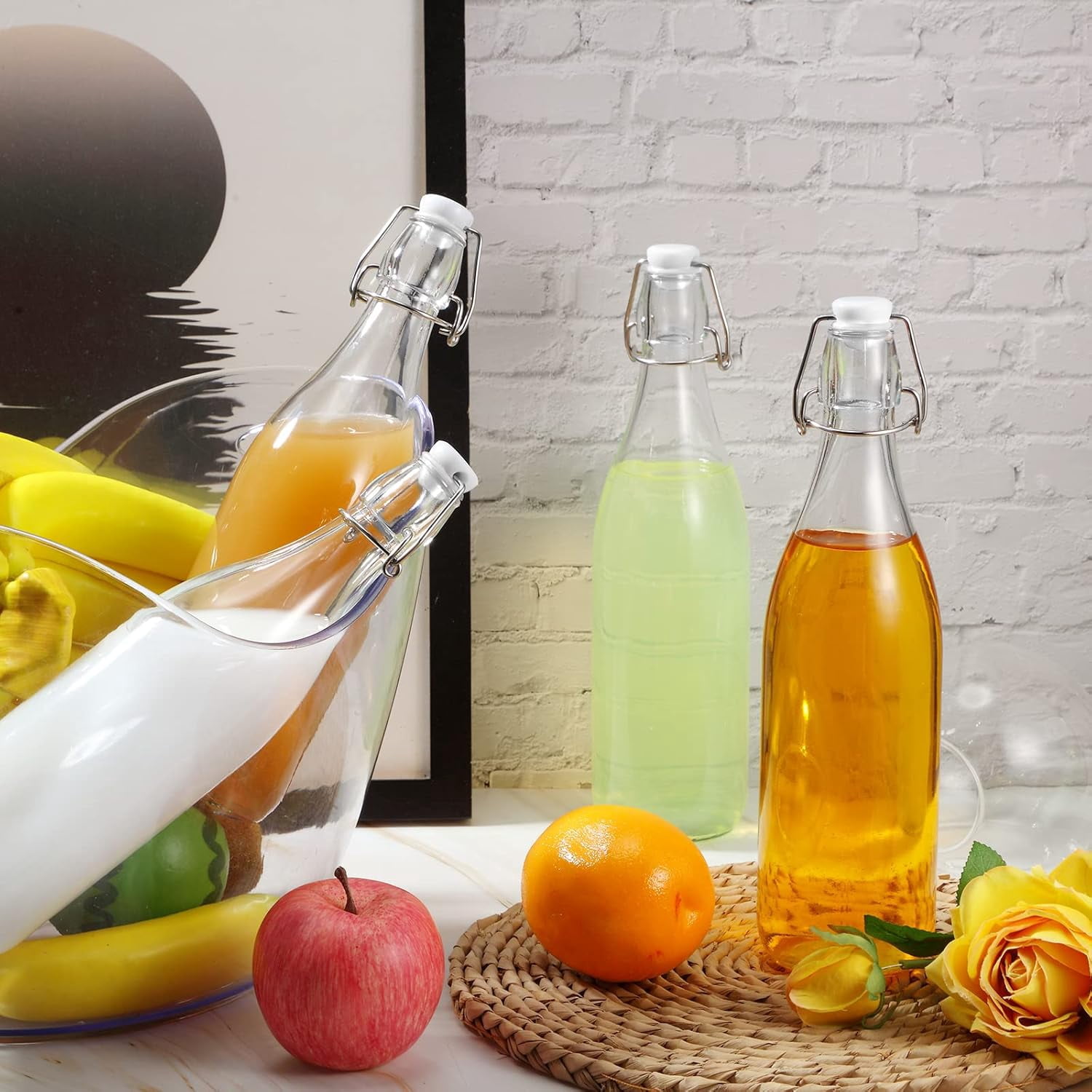 Swing Top Glass BottlesGlass Bottles with White Caps for Home Brewing Kombucha Homemade Juices Beer Water Oil Vinegar Soda Syrup Kefir Beverages