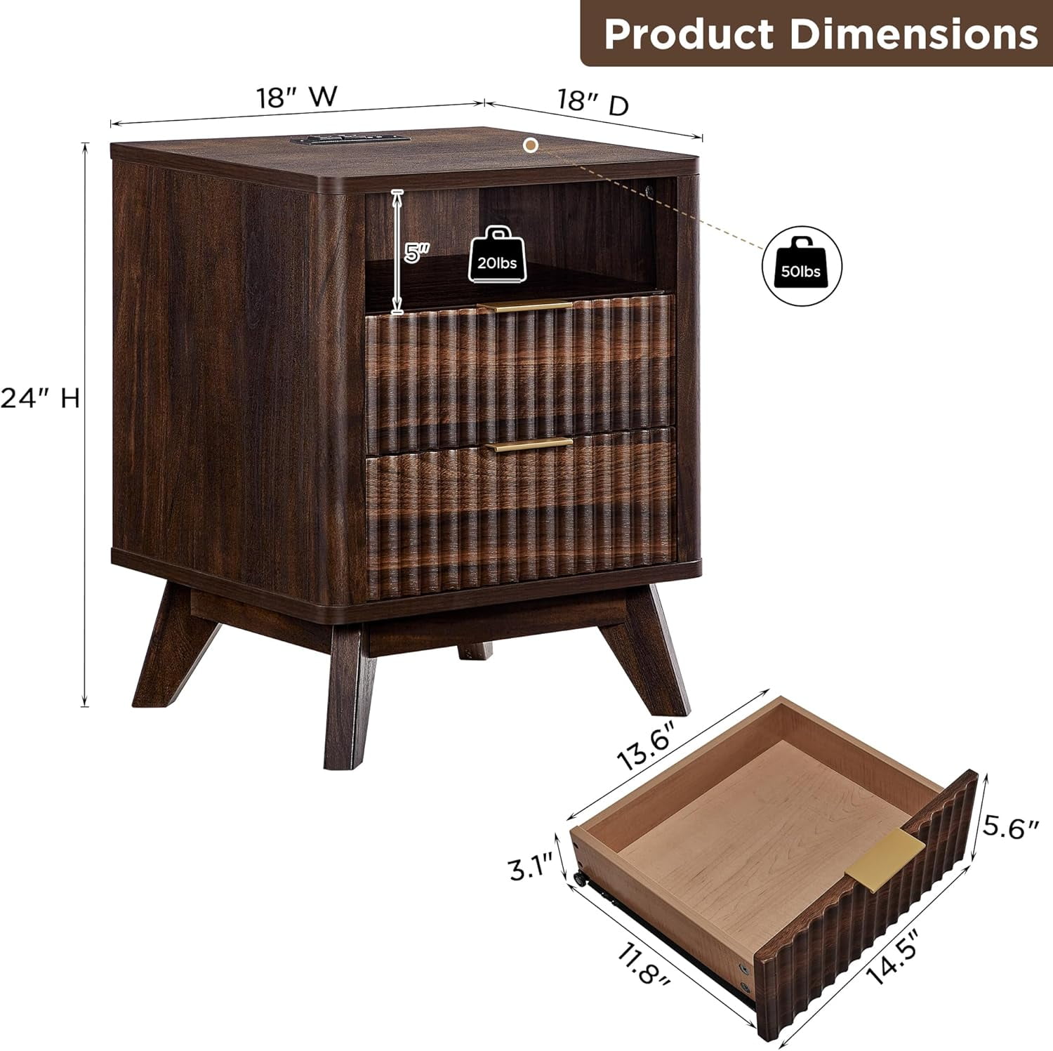 OKD Mid-Century Modern Nightstand with Charging Station, Wood End Table Side Table for Living Room, Fluted Panel, Dark Walnut