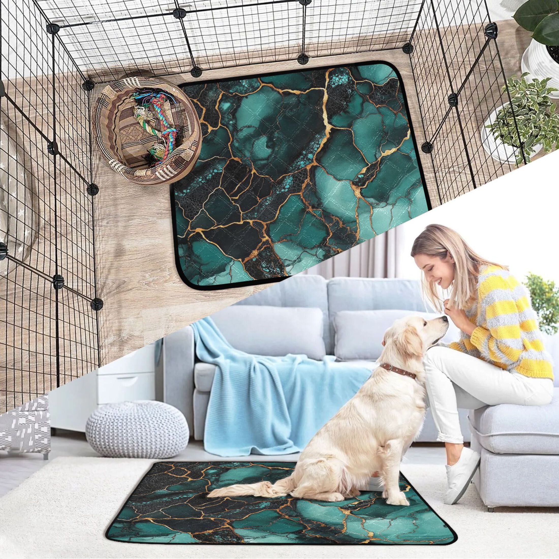 Qxltty Dark Green Gild Marbles Cat litter Pads Pet Set of 2 Diaper Mats Center Anti-leakage Layer Absorbent Soft and Comfortable