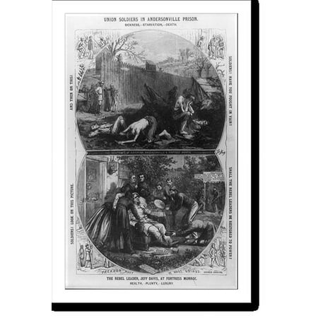 Historic Print, Union soldiers in Andersonville prison.The rebel leader, Jeff Davis, at Fortress Monroe, 18" x 24"