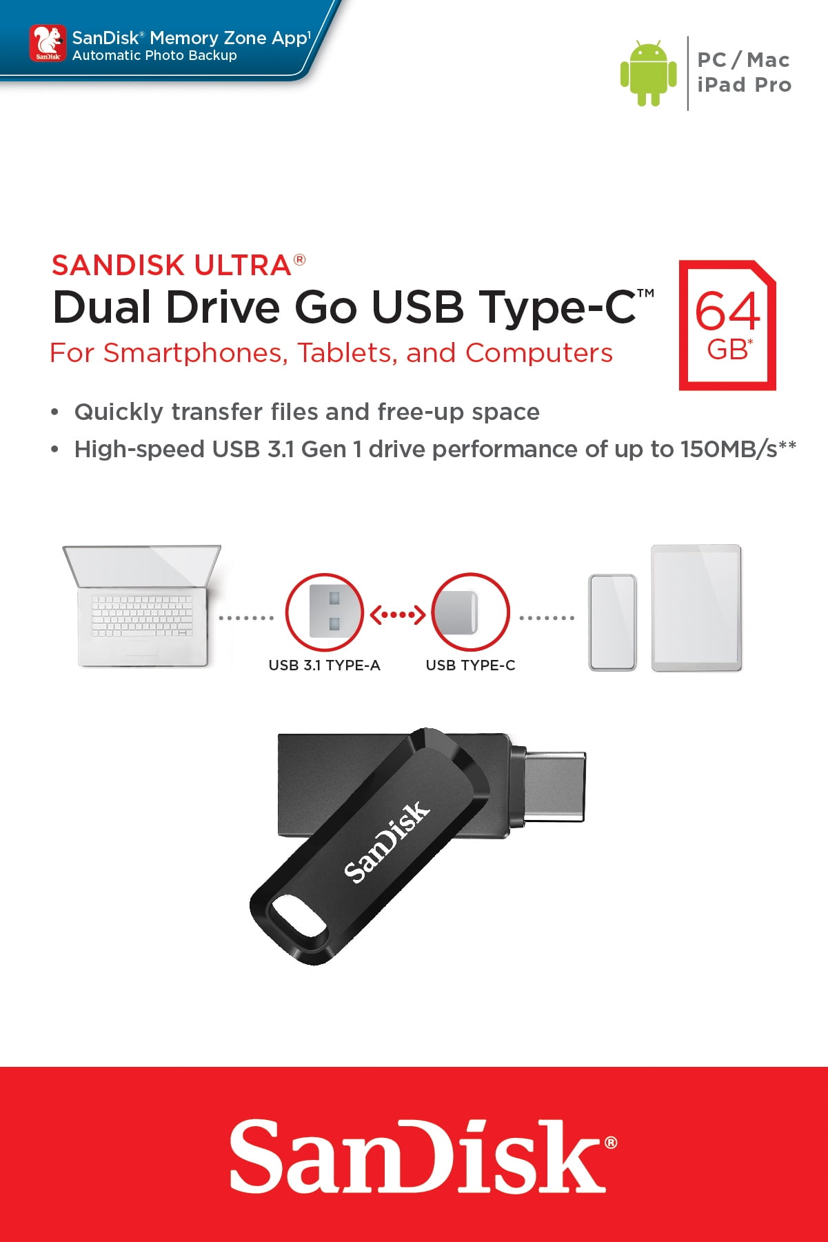 SanDisk Ultra Dual Drive Go 64 gb USB Type C Flash Drive