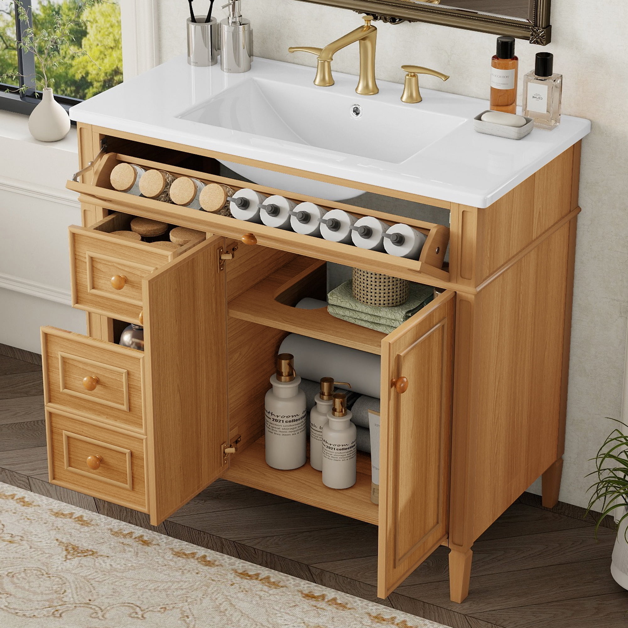 Euroco 36" Bathroom Vanity with Sink, Wood Vanity Cabinet with Flip-Out Drawer, 3 Drawers, 2 Soft-Close Doors, Solid Wood & MDF, Elegant Rubber Wood Handles