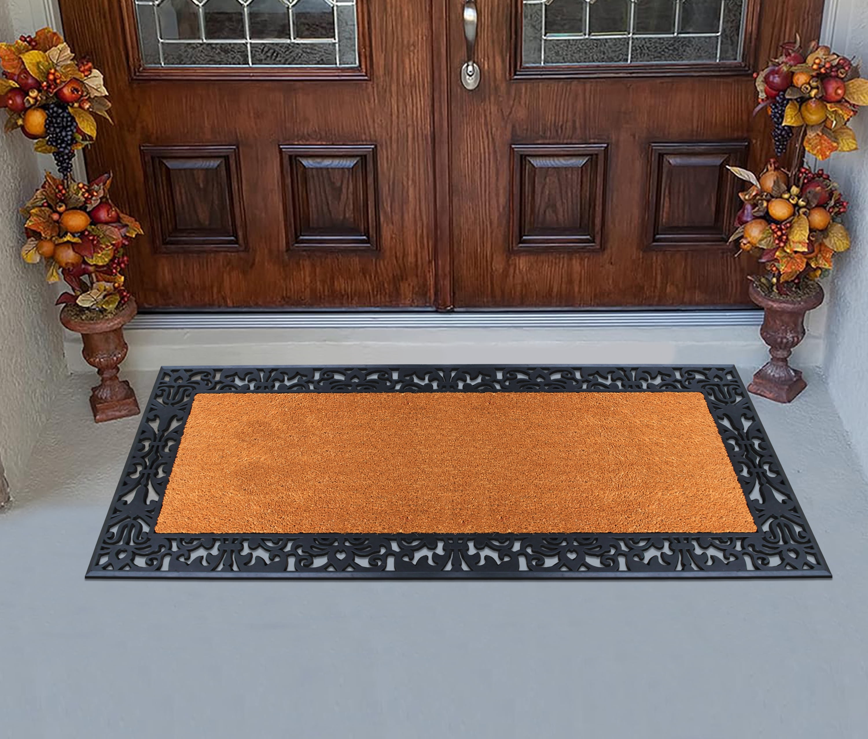 A1HC Natural Coir And Rubber Large Doormat, Outdoor Entrance, Paisley Border, 30x60 Inches, Black