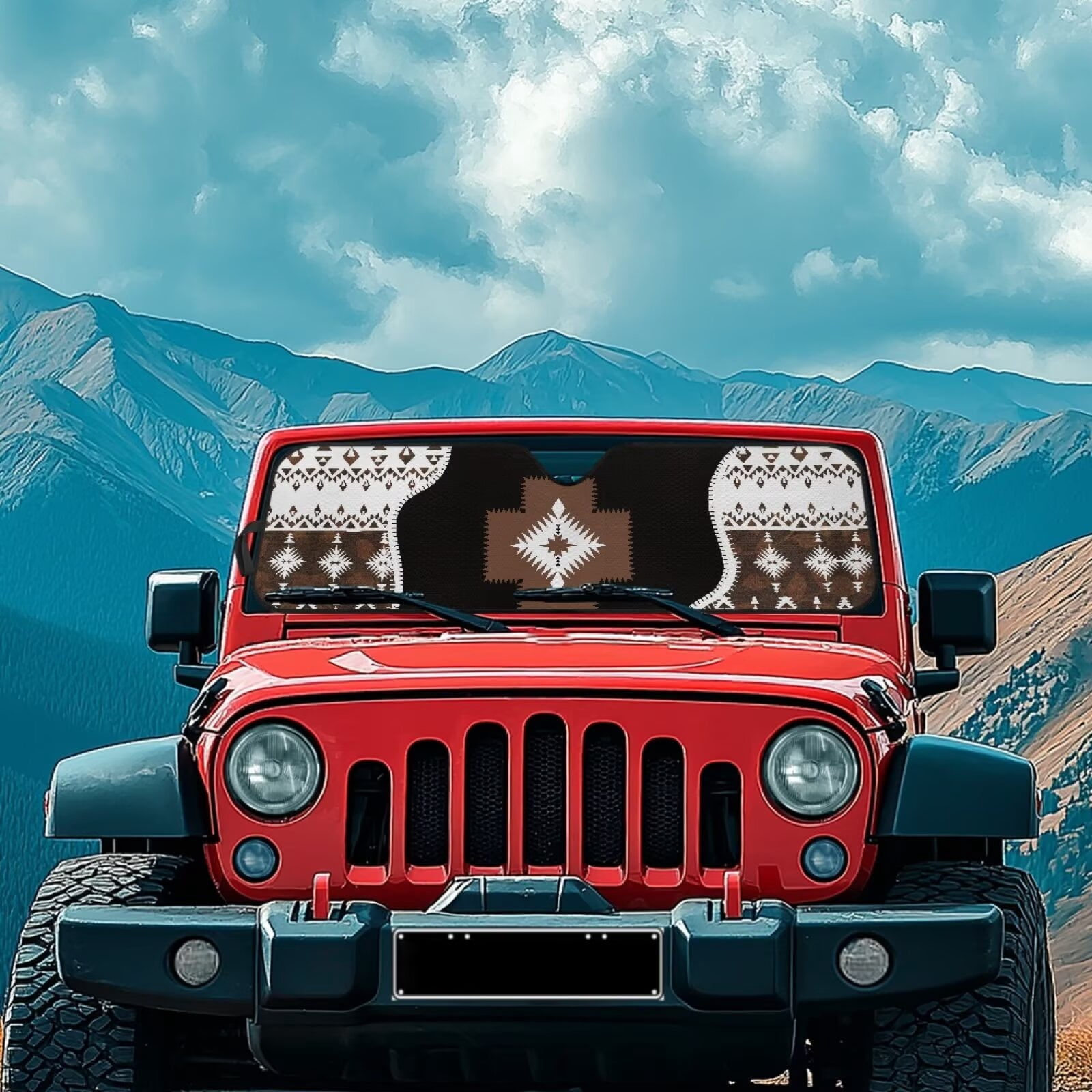Uorisanigo Windshield Sun Shade for Wrangler JK JKU TJ Foldable 1 Piece Brown Aztec Tribal Sun Visor Windshield Shade for Jeep Wrangler, Gladiator, Renegade, FJ Cruiser