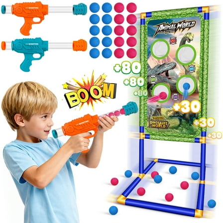 UUSUOO Shooting Game Toys for Kids,Dinosaur Shooting Target with 2 Air Toy Blasters & 20 Foam Balls, Indoor & Outdoor Christmas Birthday Gifts for Boys Girls Age 6 7 8 9  