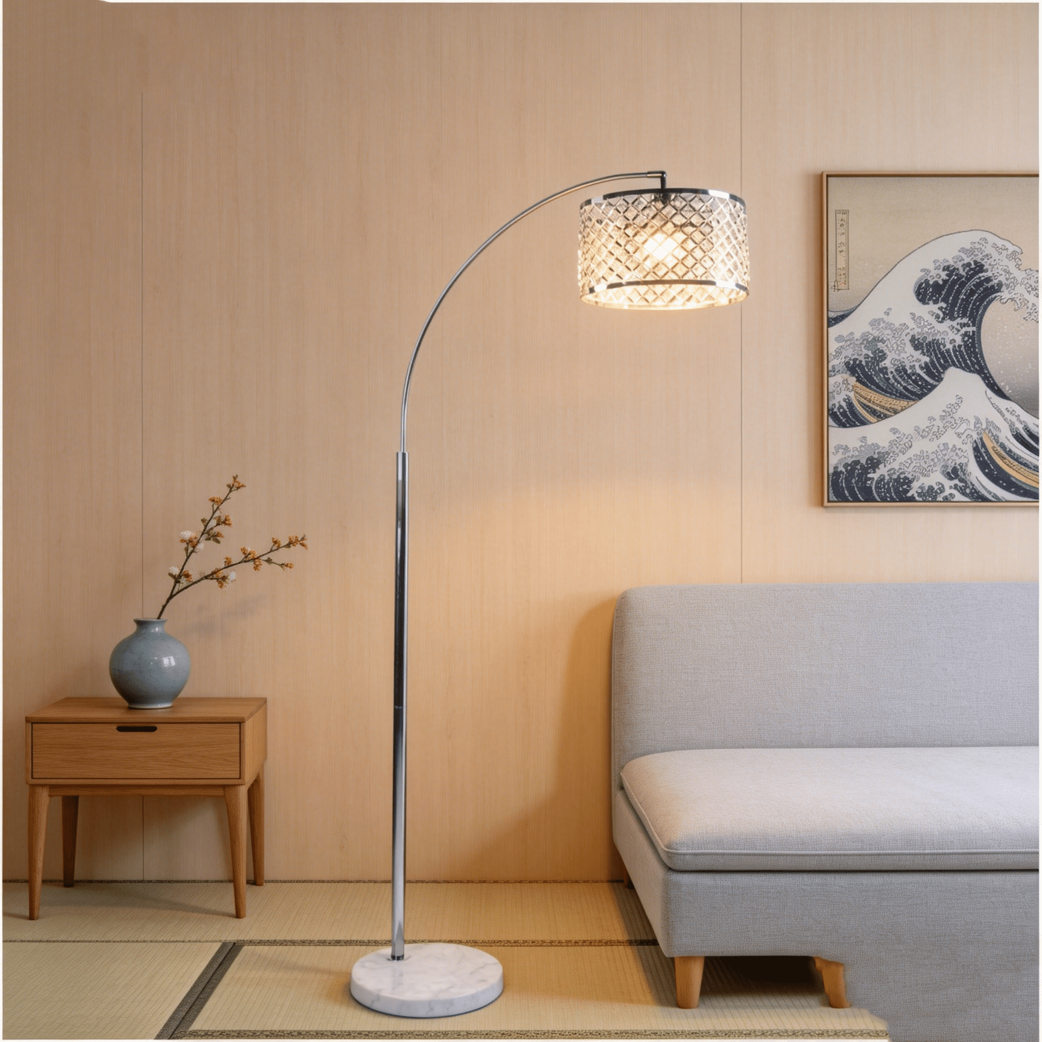 JERFIT Modern Arc Floor Lamp with Crystal Shade, Silver Finish, Marble Base for Living Room, Bedroom Ambient Lighting