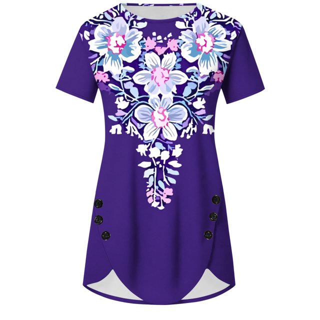 Liquidation d'Économies! Hauts Grande Taille pour Femmes BEFOKA en Liquidation, Blouse Décontractée d'Été pour Femmes, Blouse Décontractée à Manches Courtes Imprimée avec Boutons, Col Rond Confortable