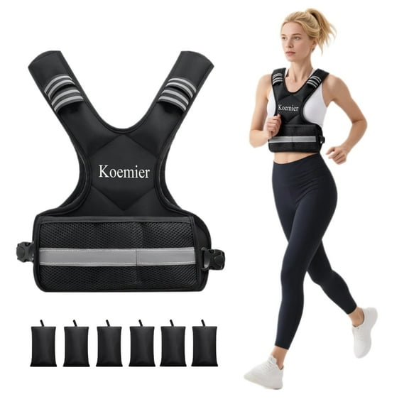 Koemier Adjustable Weighted Vest for Men and Women,4-10lb Vest with 6 Ironsand Weights,with Reflective Stripe,for Strength Training, Running, Fitness, Walking