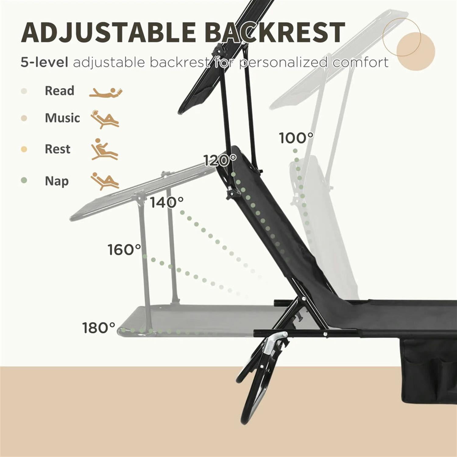 Demi Bonn Outdoor Folding Chaise Lounges Set of 2 with Canopy, Steel Frame, Side Pockets, Reclining Sun Chairs for Beach, Yard, Patio, Black