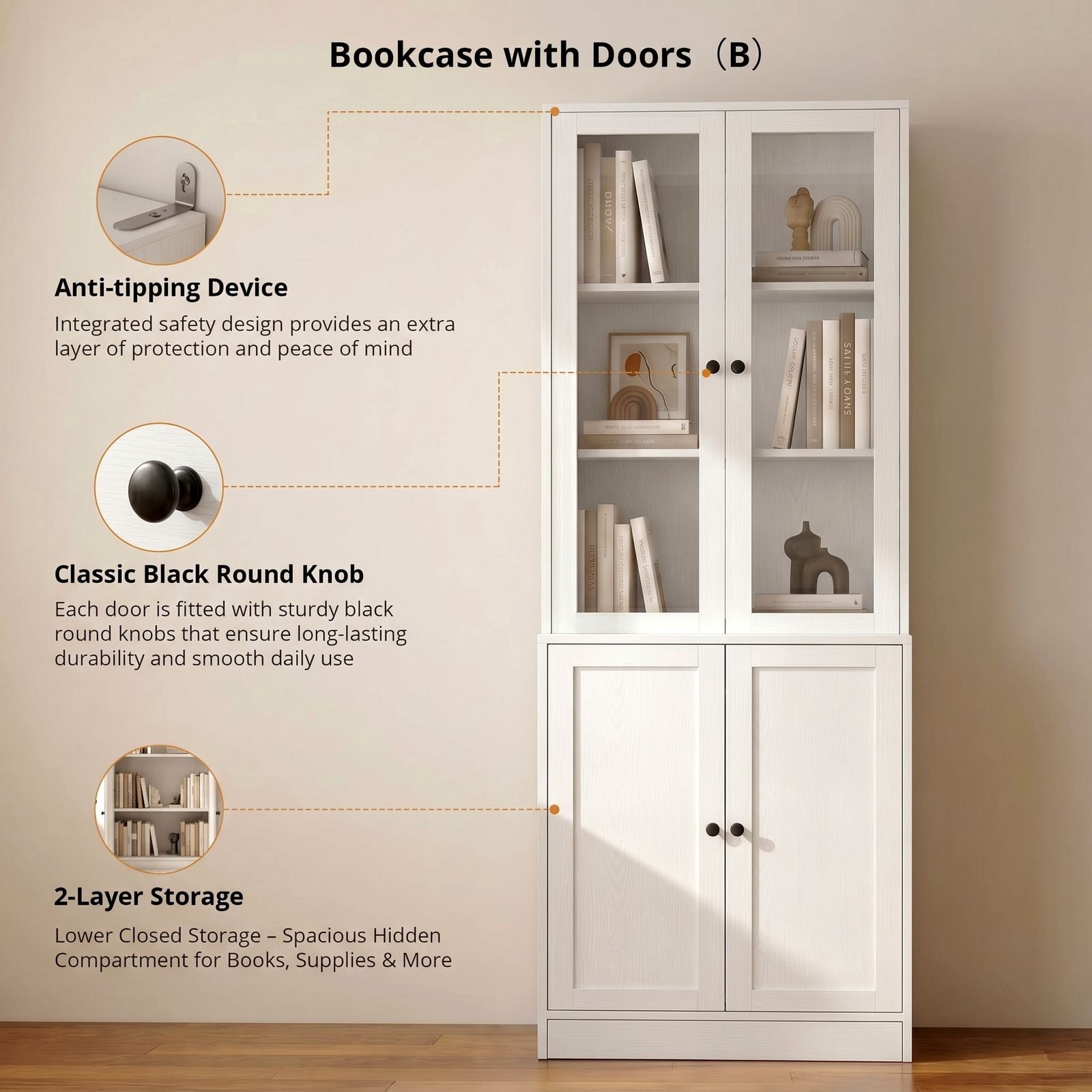 RichYa 71'' Tall Bookcase with Glass Doors, 3-Tier Display Bookshelf & 5-Tier Storage Cabinet for Home Office Living Room