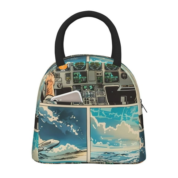 Easygdp Comic Airplane Cockpit Illustration Bolsa de Almuerzo Insulada Grande, Forro de Aluminio, Diseño Espacioso, a Prueba de Fugas, Ideal para Trabajo, Picnics, Viajes y Actividades al Aire Libre