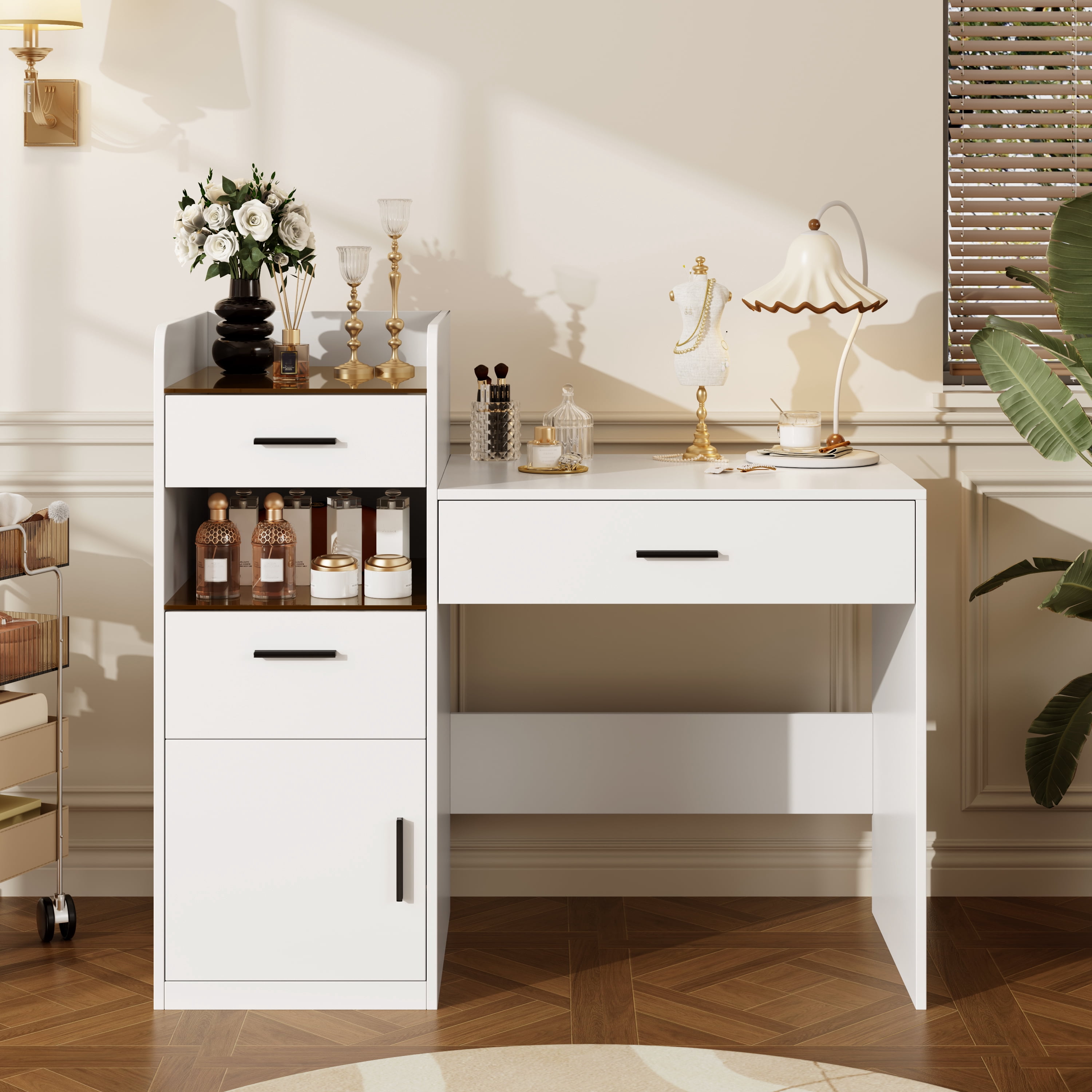Space-Saving 3-in-1 Vanity Desk with Flip Top Mirror and Hidden Storage, Glass Top Makeup Table with 3 Drawers and Cabinet for Bedroom, White